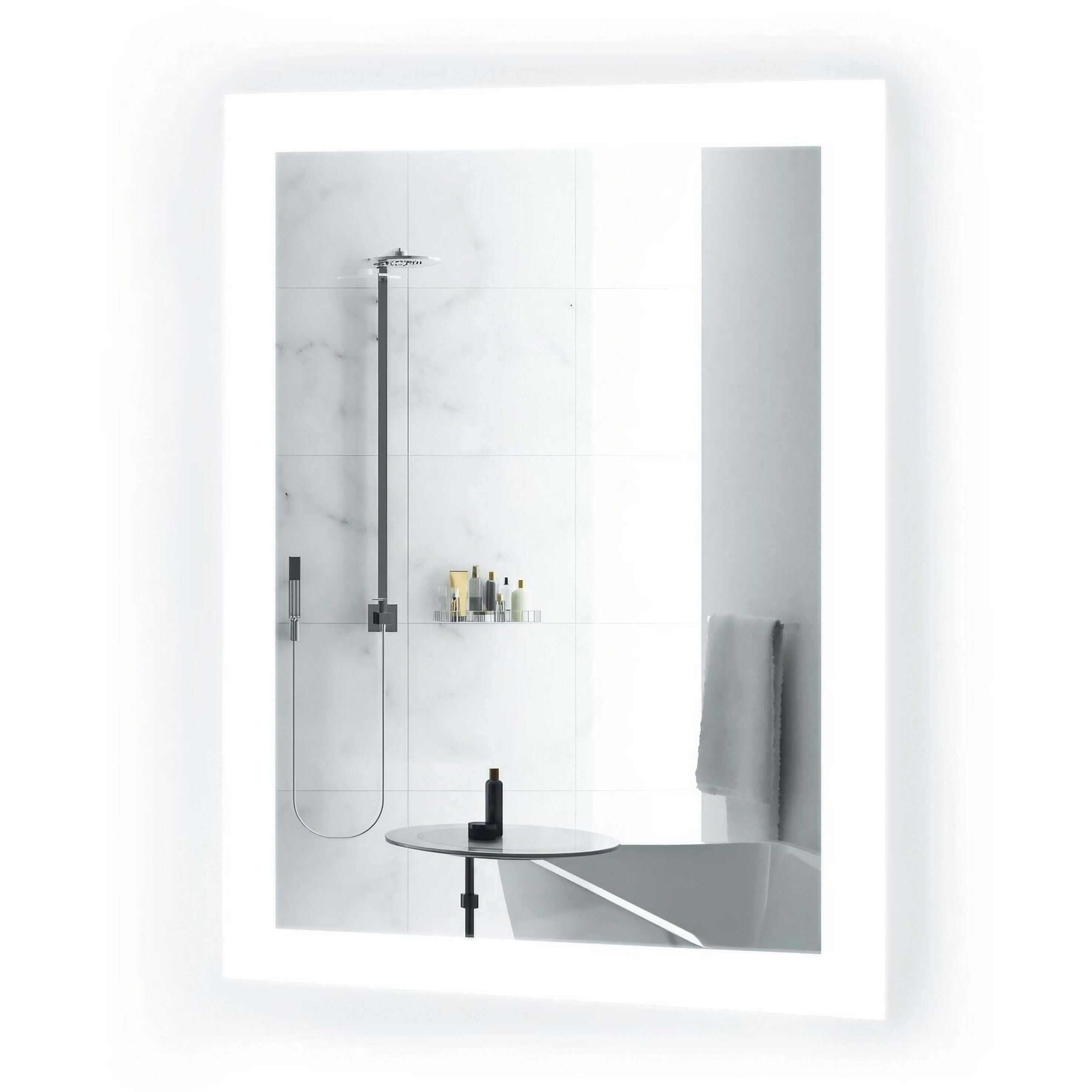 Krugg Bijou 15 X 20 LED bathroom mirror w/ reflection of a modern bathroom