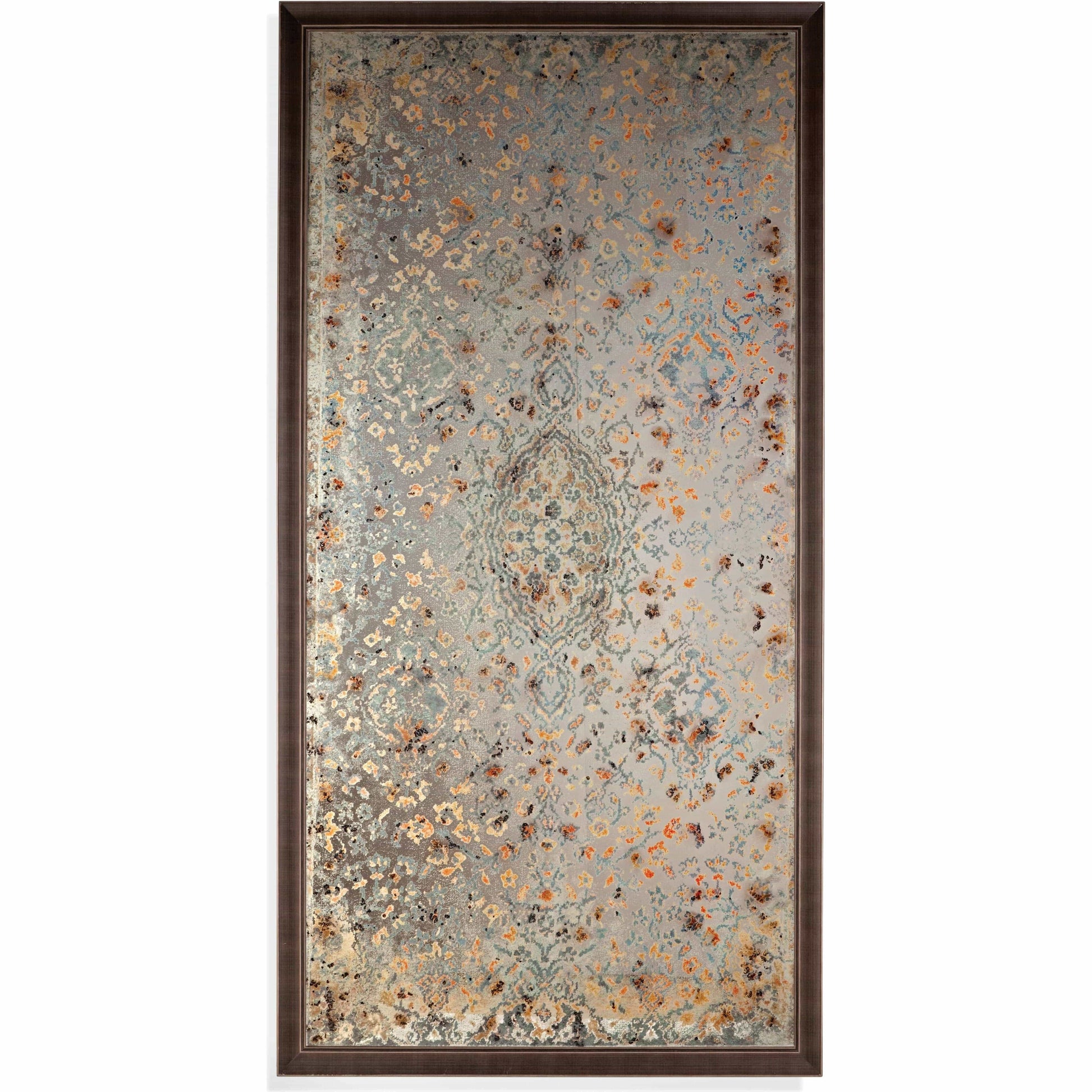 Bassett Mirror Antiqued Morocco Floor Mirror with an oriental rug design & white background 
