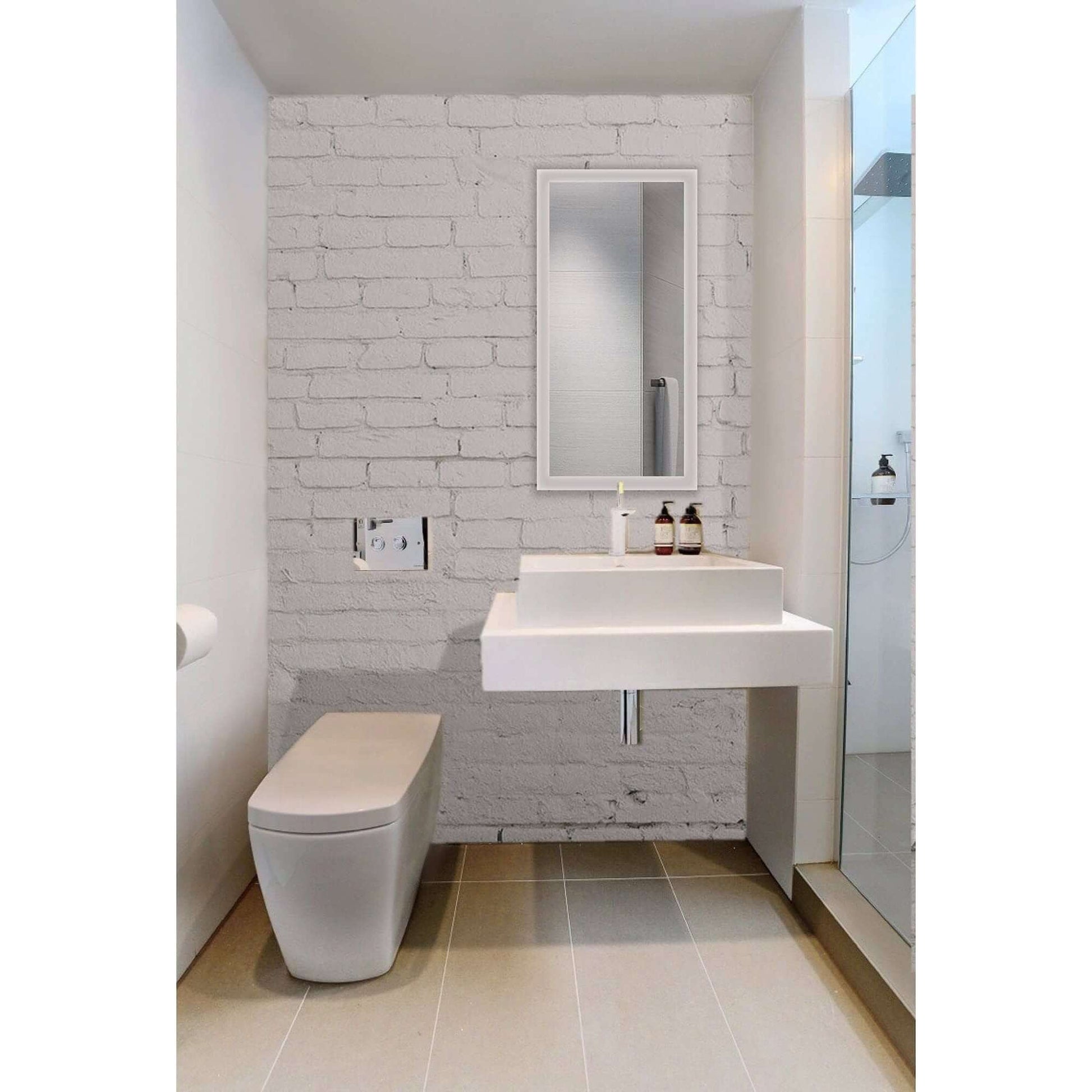 Bathroom interior with Krugg Bijou 15 X 30 LED mirror and white brick wall detail