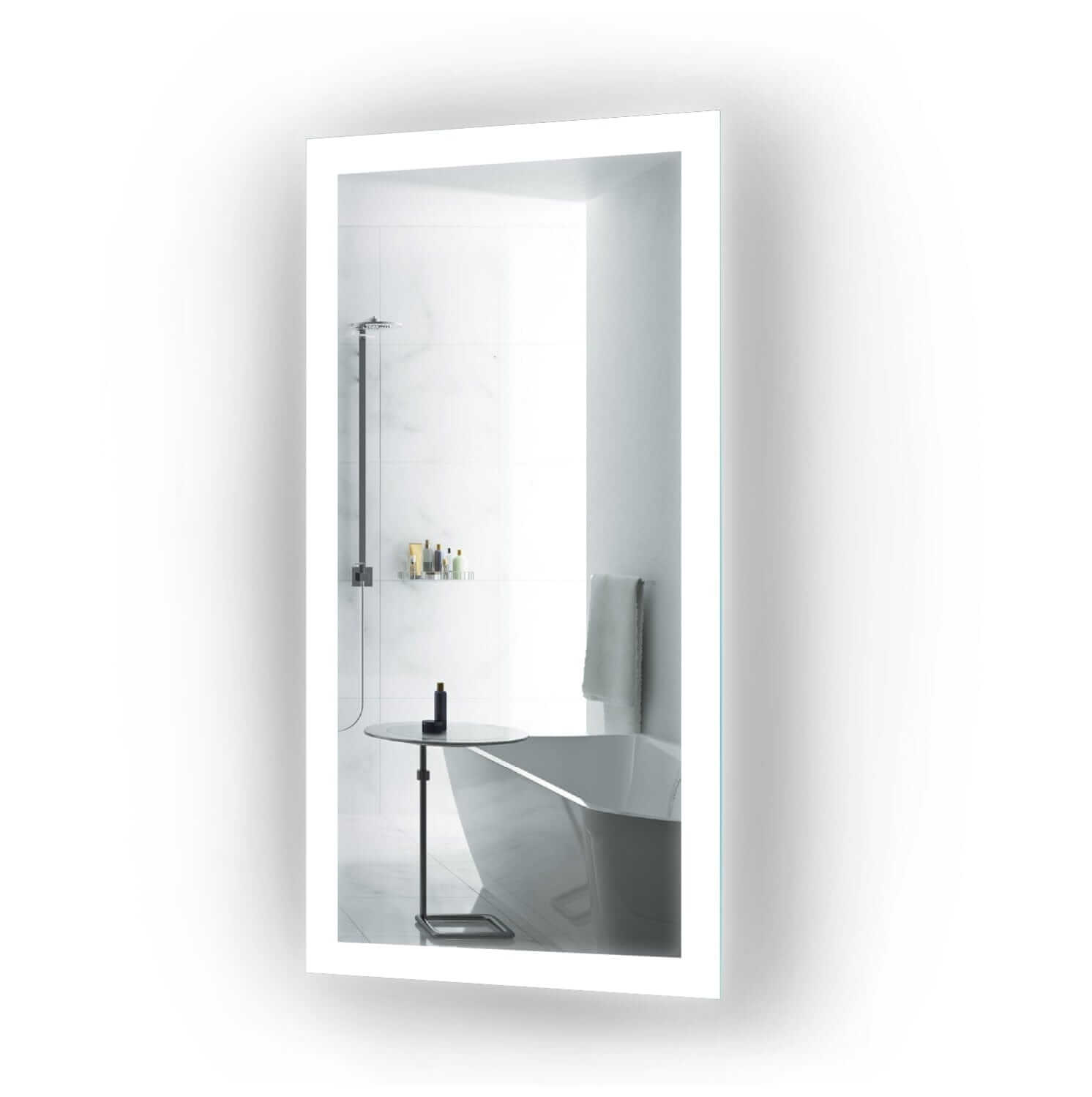Krugg Bijou 15 X 30 bathroom mirror with dimming feature reflecting a white bathtub