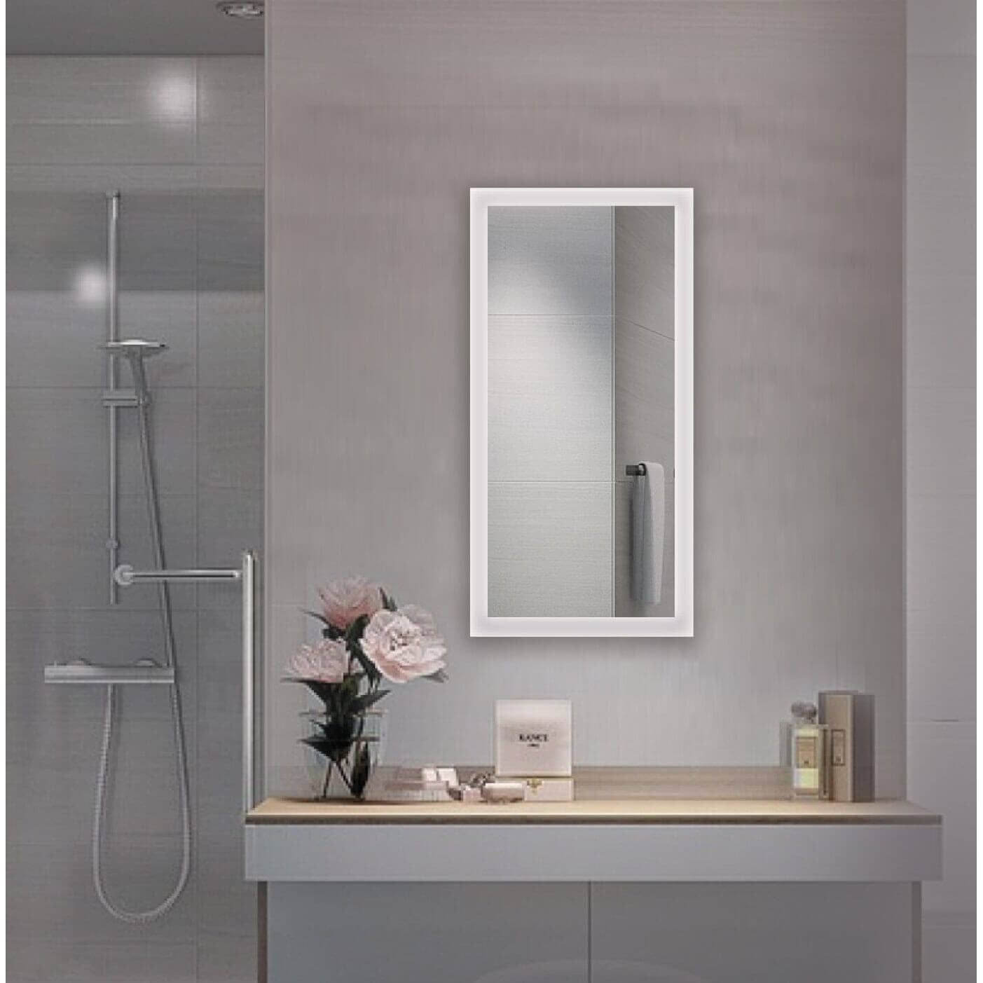 Krugg Bijou 15 x 30 LED mirror in a bathroom with a glass-enclosed shower