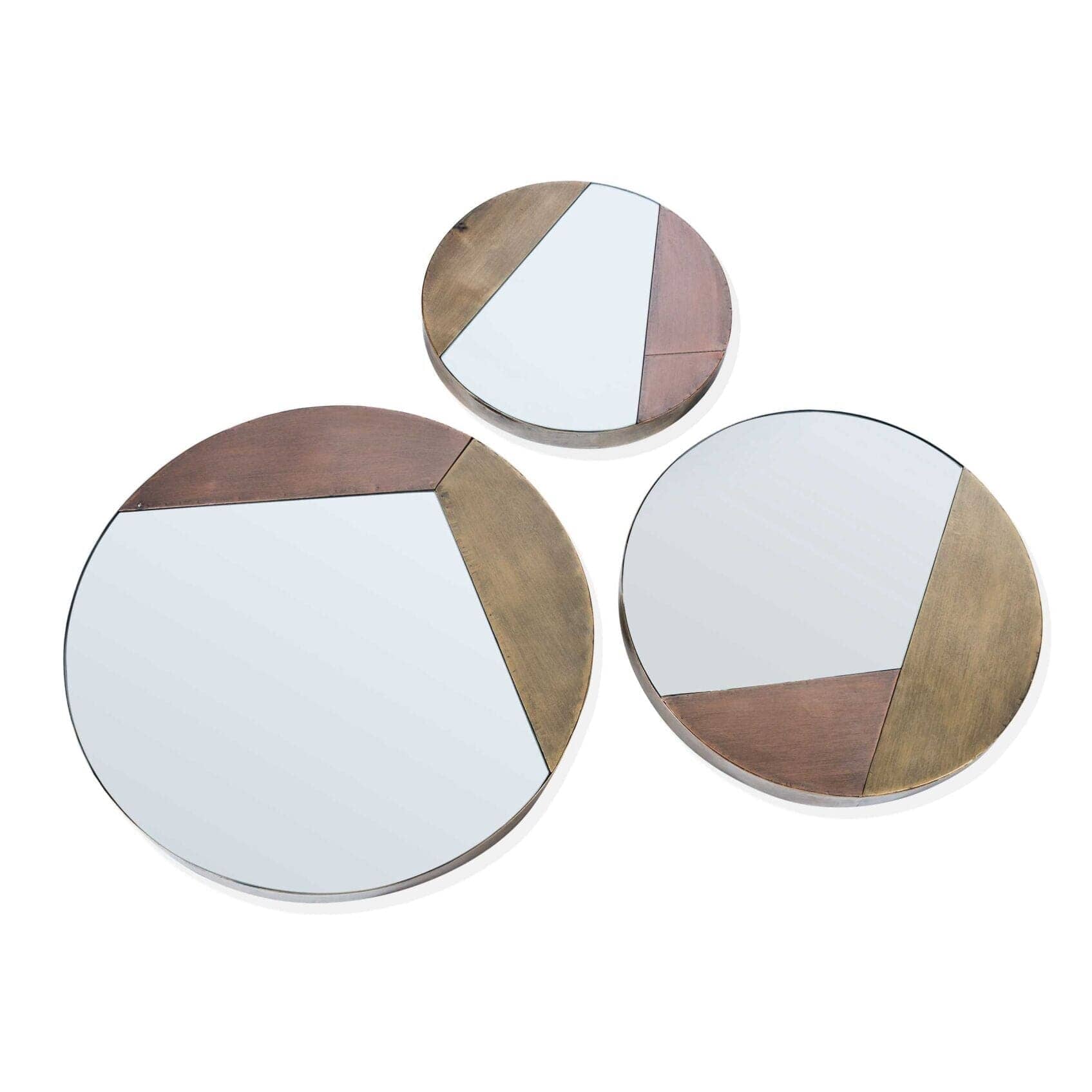 Overhead view of the Maklin 3 round mirrors framed in gold metal