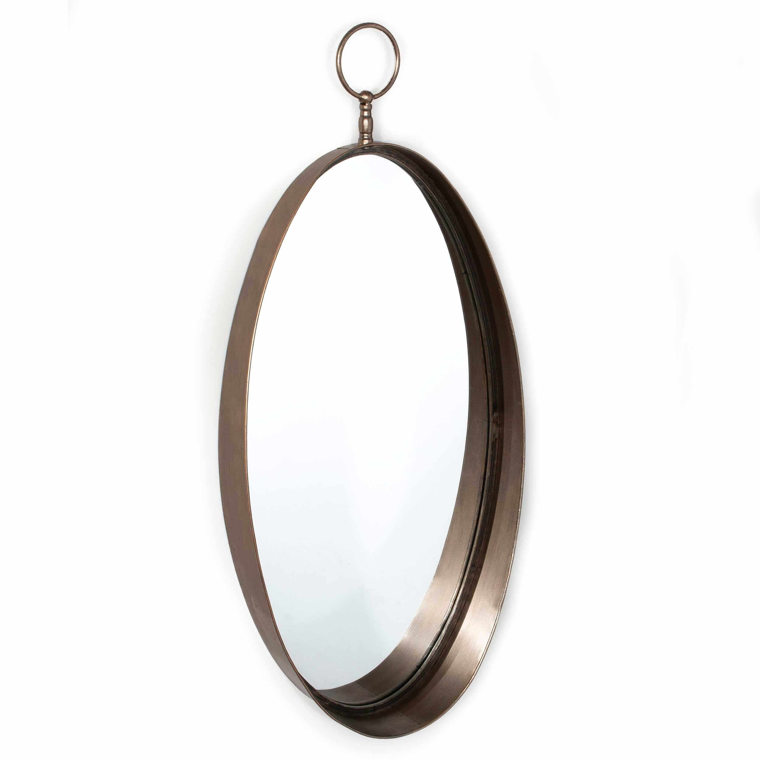 Timeless vertical oval Macklin mirror featuring a dark bronze frame with a polished top ring for mounting, showcased against a clean white backdrop.