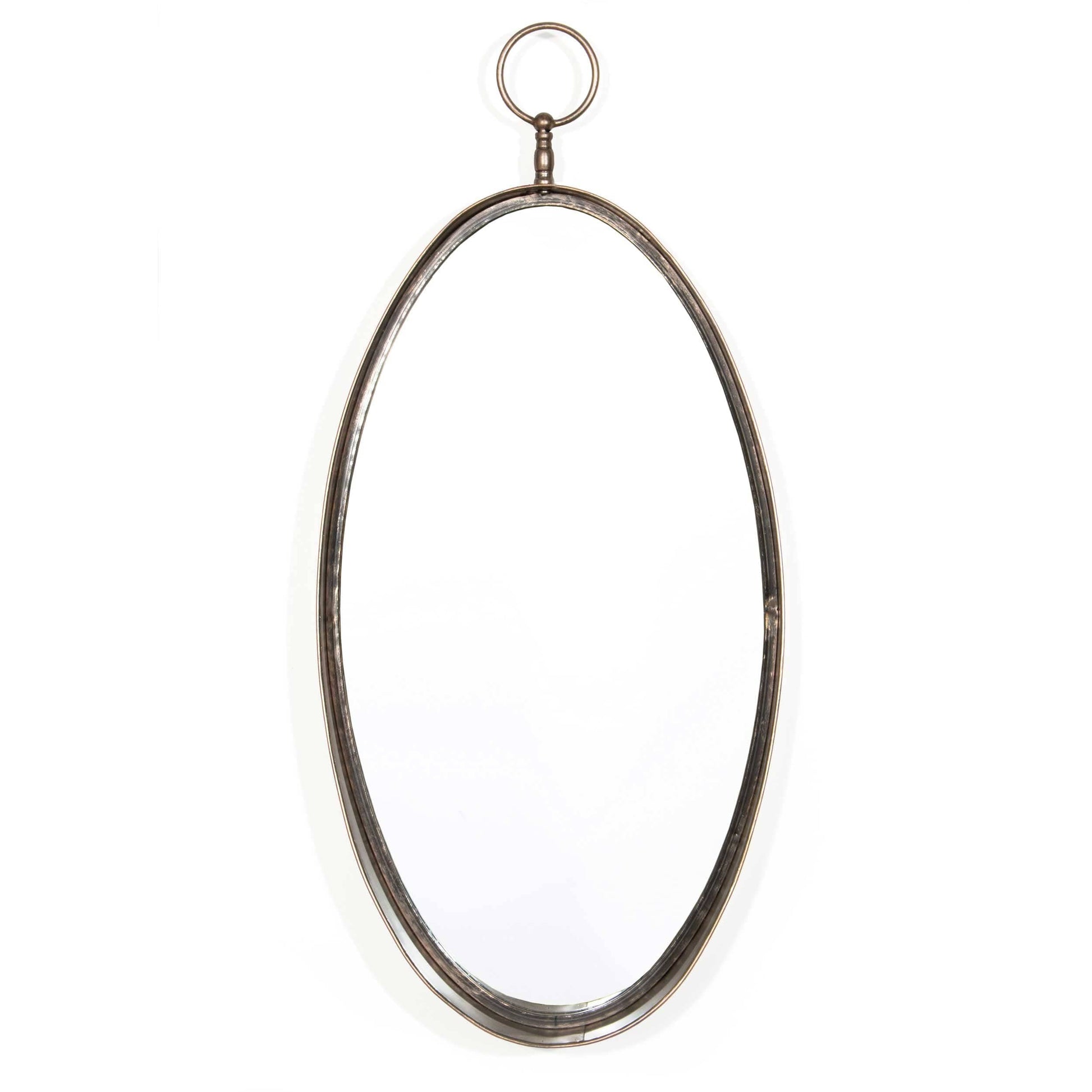 Macklin vertical oval-shaped mirror featuring a slender, distressed bronze frame, topped with a hanging loop.