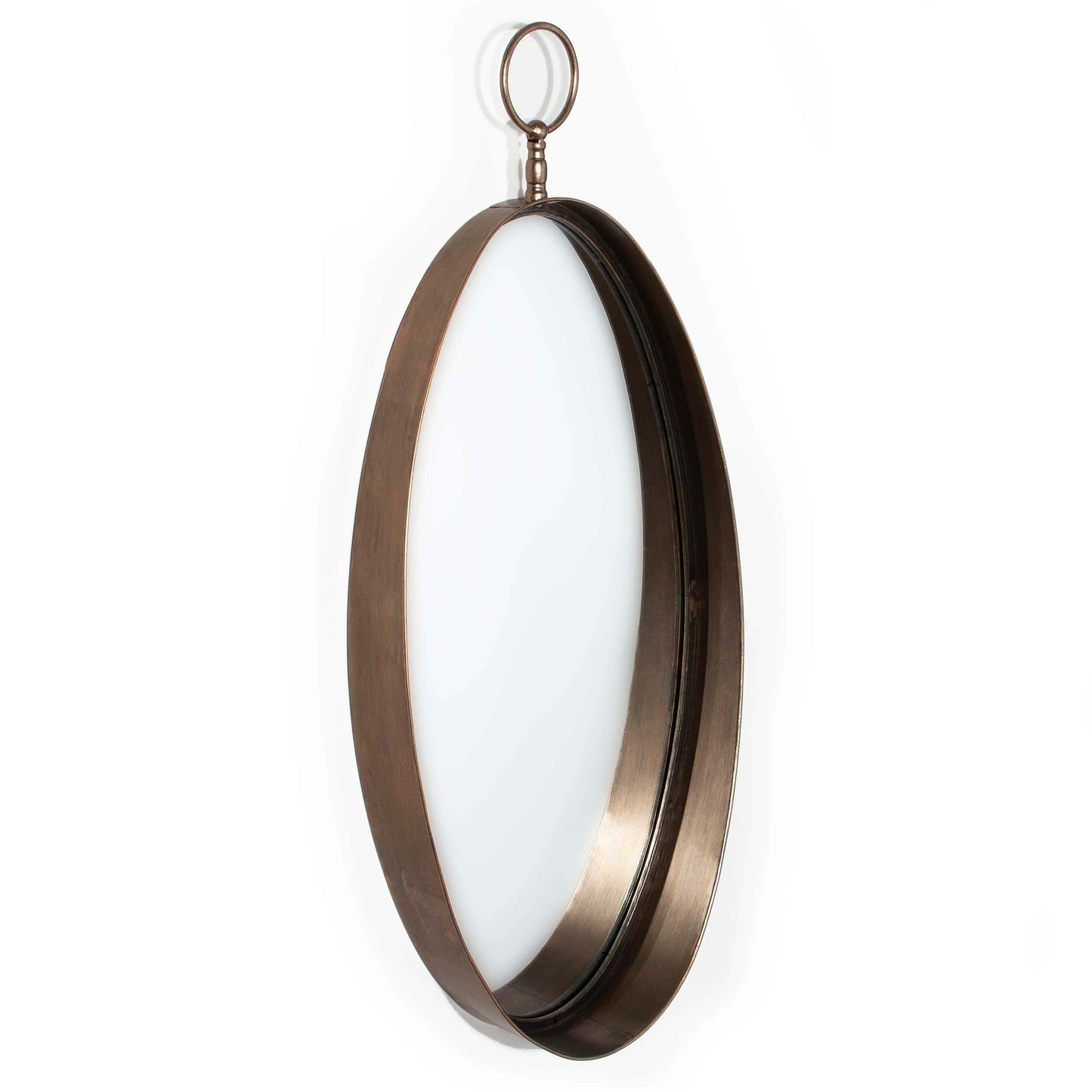 Elegant full-length view of the Macklin oval mirror with a decorative top loop and a sleek, distressed bronze frame against a white background.