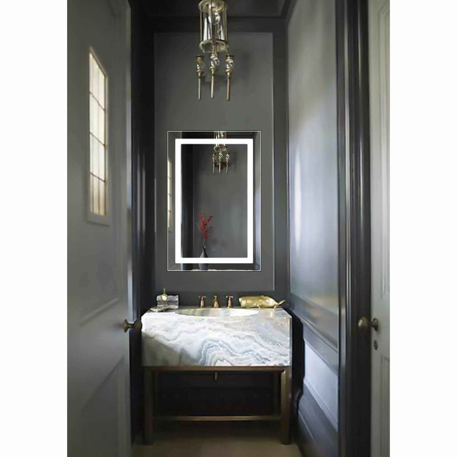 Krugg Icon 2436 Lighted Bathroom Mirror with defogger and dimmer over dark vanity