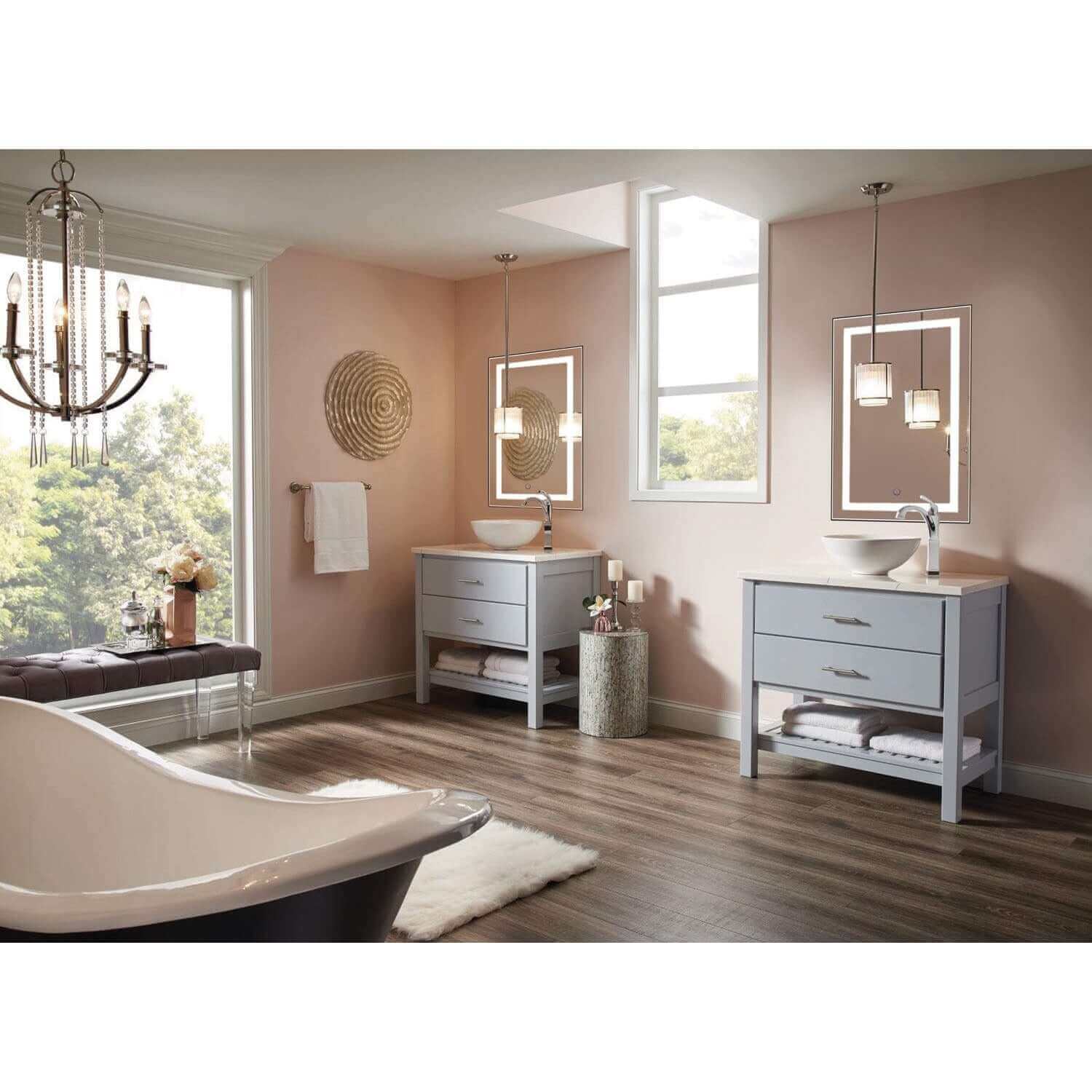 Two Krugg Icon 2436 Bathroom Mirrors w/ lights above dual vanities in an elegant bathroom