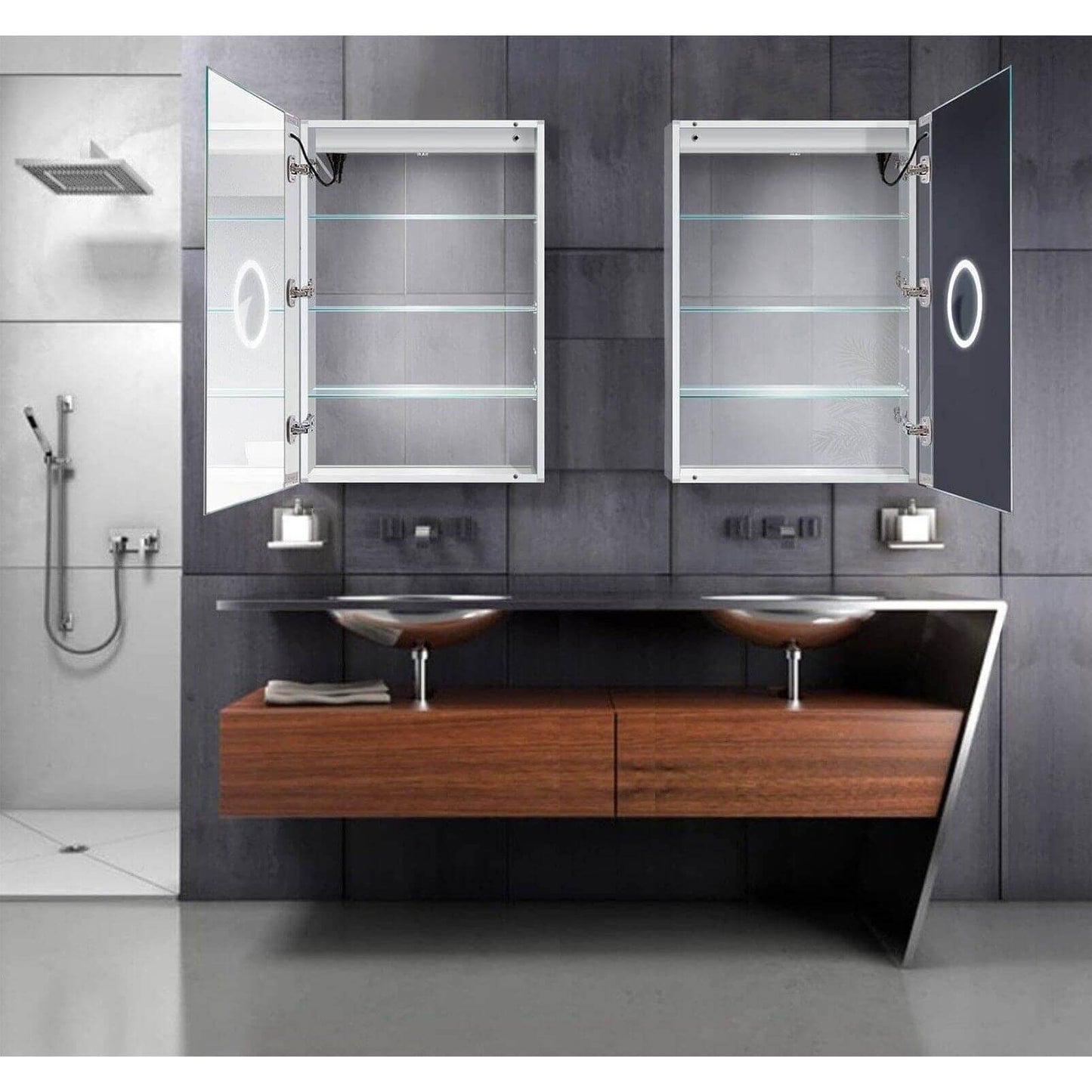 Krugg Svange 2436l and 2436r LED Medicine Cabinets with their doors open and three shelves showing