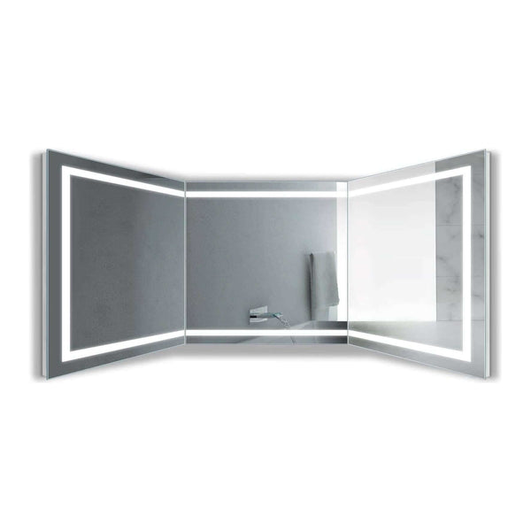 Krugg Modular 24 x 36 Corner LED Mirror - Left or Right installed in a modern vanity setup with white decor and pink flowers.