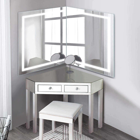 Krugg Mod 36 x 36 Left/Right Corner Lighted Vanity Mirror providing even, glare-free LED lighting on a modern vanity station in a bathroom.