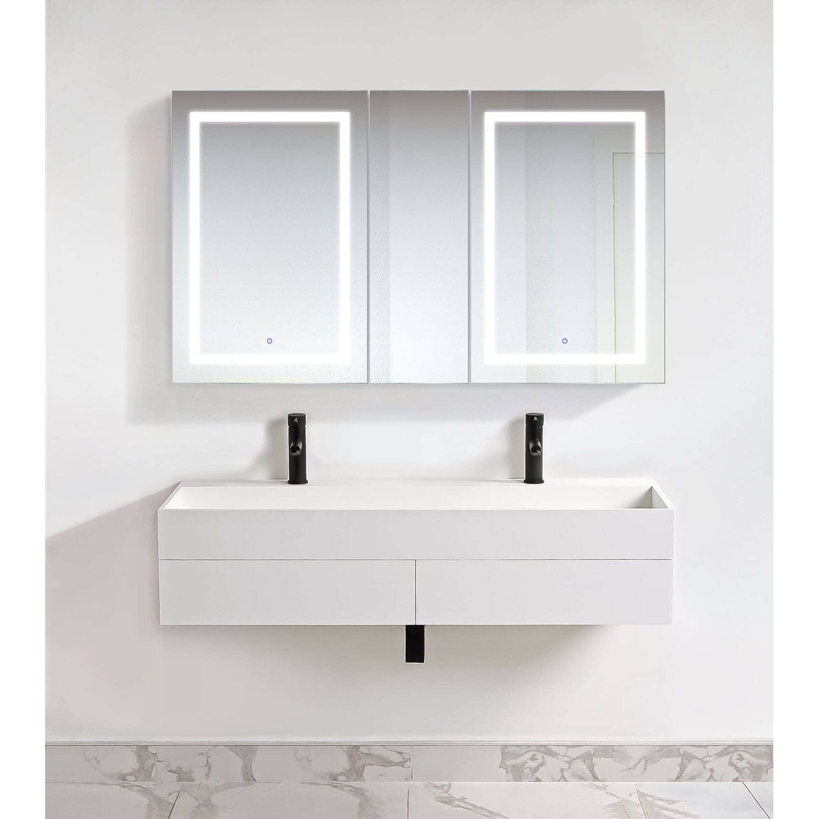 Krugg Svange 6036DLRR 60″ X 36″ LED Medicine Cabinet displayed above modern white bathroom vanity.