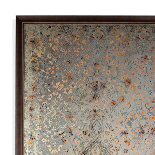 Bassett Mirror Antiqued Morocco Design Floor Mirror with an oriental rug design  close up view