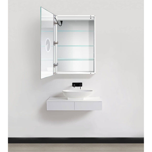 Krugg Svange 2436l and 2436r LED Medicine Cabinets with their doors open and interior's showing