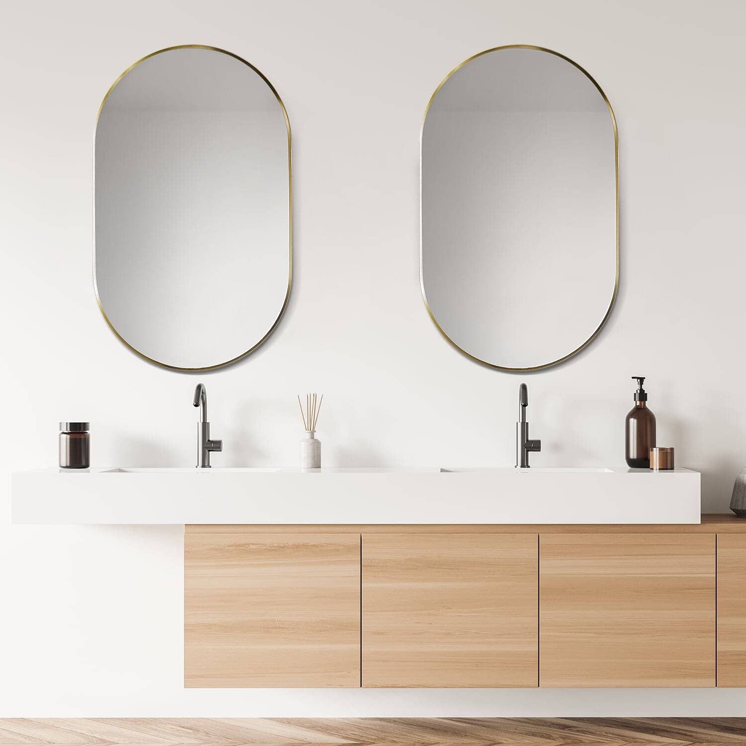 Elegant bathroom with Altair Ispra Oval Aluminum Framed Wall Mirrors above dual sinks and modern wood cabinetry.