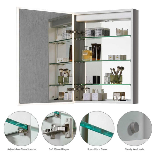 Modern Carsoli LED medicine cabinet with adjustable glass shelves, soft close hinges, and fog-free mirror for a luxurious bathroom upgrade.