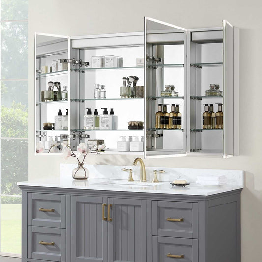 Elegant Carsoli LED medicine cabinet above vanity with framed mirror doors and ambient lighting in a modern bathroom setting.