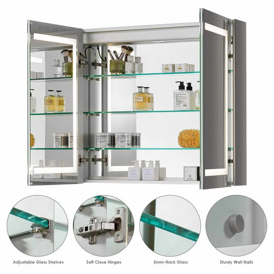 Bojano LED medicine cabinet with frameless design, adjustable glass shelves, and soft close hinges for a modern bathroom.