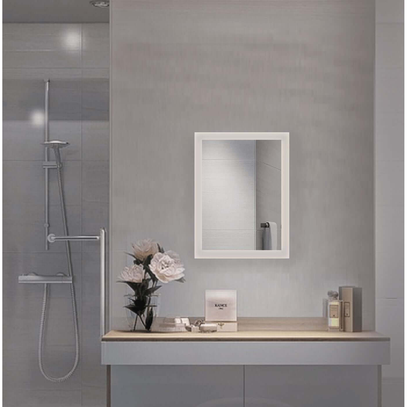 Contemporary bathroom featuring Krugg Bijou 15 X 20 LED mirror with defogger
