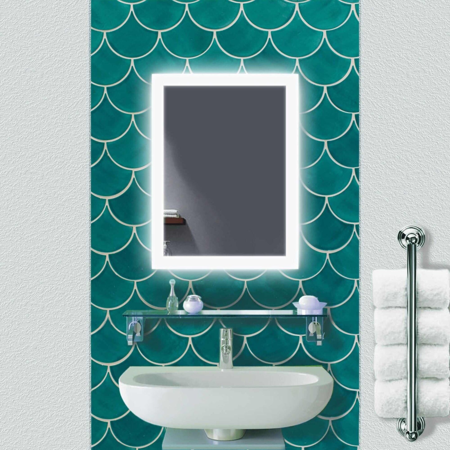 Krugg Bijou's 15 X 20 LED bathroom mirror on a wall w/ green tile
