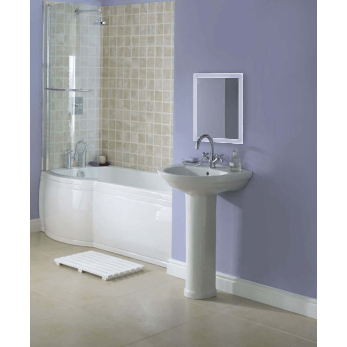 Elegant bathroom setup with Krugg Bijou 15 X 20 LED mirror above a white pedastal sink