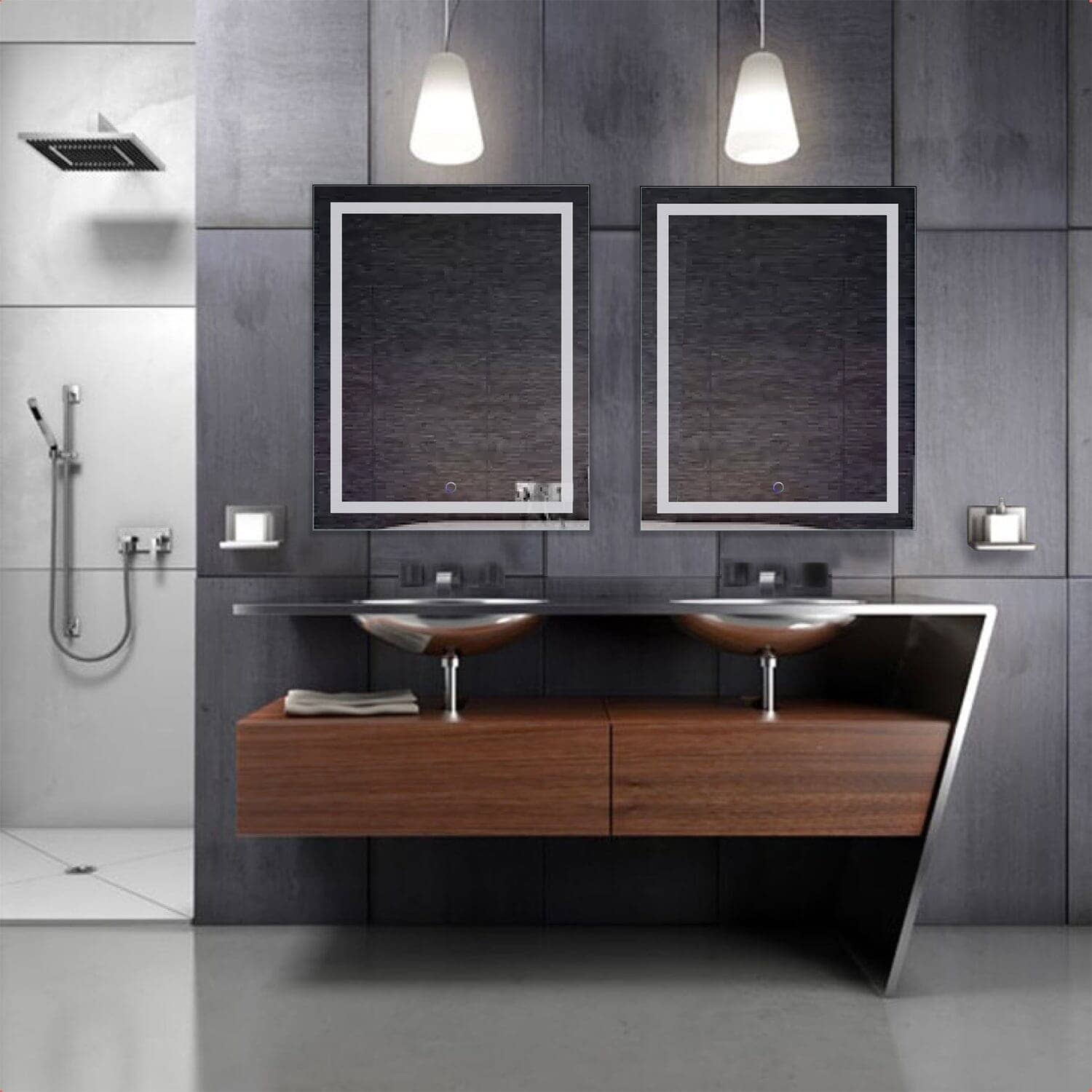 Krugg Icon 24 x 30 LED Bathroom Mirrors with Dimmer & Defogger installed in a modern bathroom with dual sinks and unique vanity design.