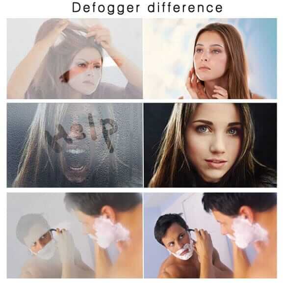 Comparison of people's reflections in fogged and defogged mirrors, showcasing the defogger difference in clarity and visibility.