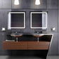 Modern bathroom with two Krugg Icon 24 x 24 LED bathroom mirrors with dimmer and defogger, illuminated and mounted above a stylish wooden vanity.