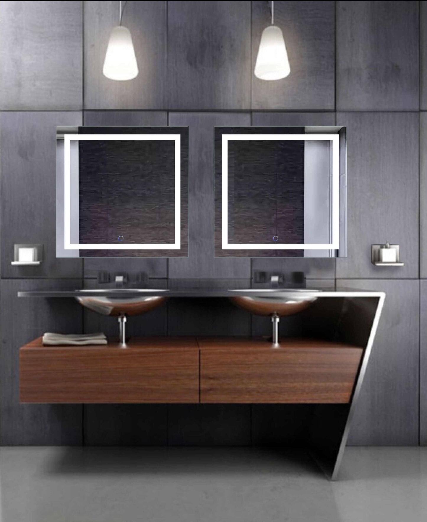 Modern bathroom with two Krugg Icon 24 x 24 LED bathroom mirrors with dimmer and defogger, illuminated and mounted above a stylish wooden vanity.