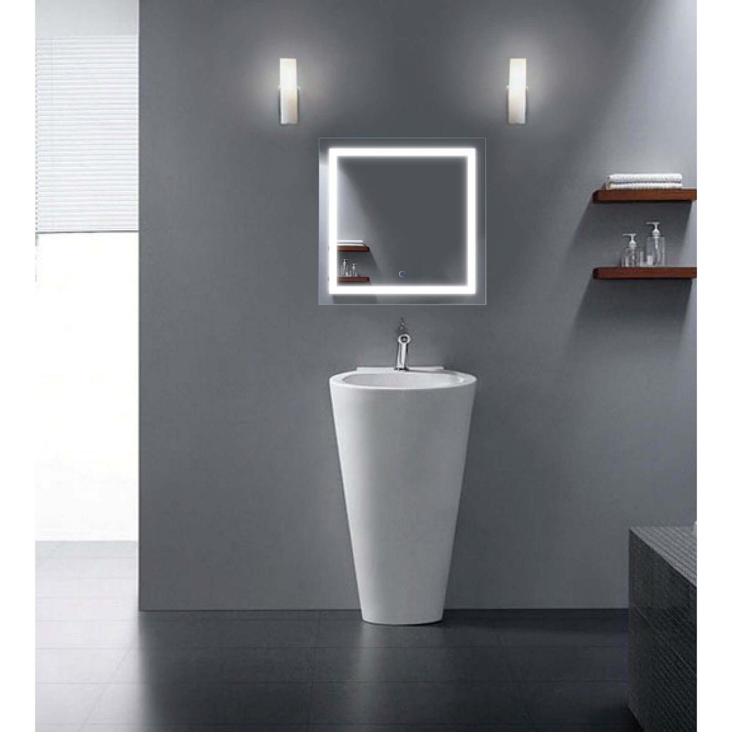 Krugg Icon 24 x 24 LED Bathroom Mirror with Dimmer & Defogger in modern bathroom setting