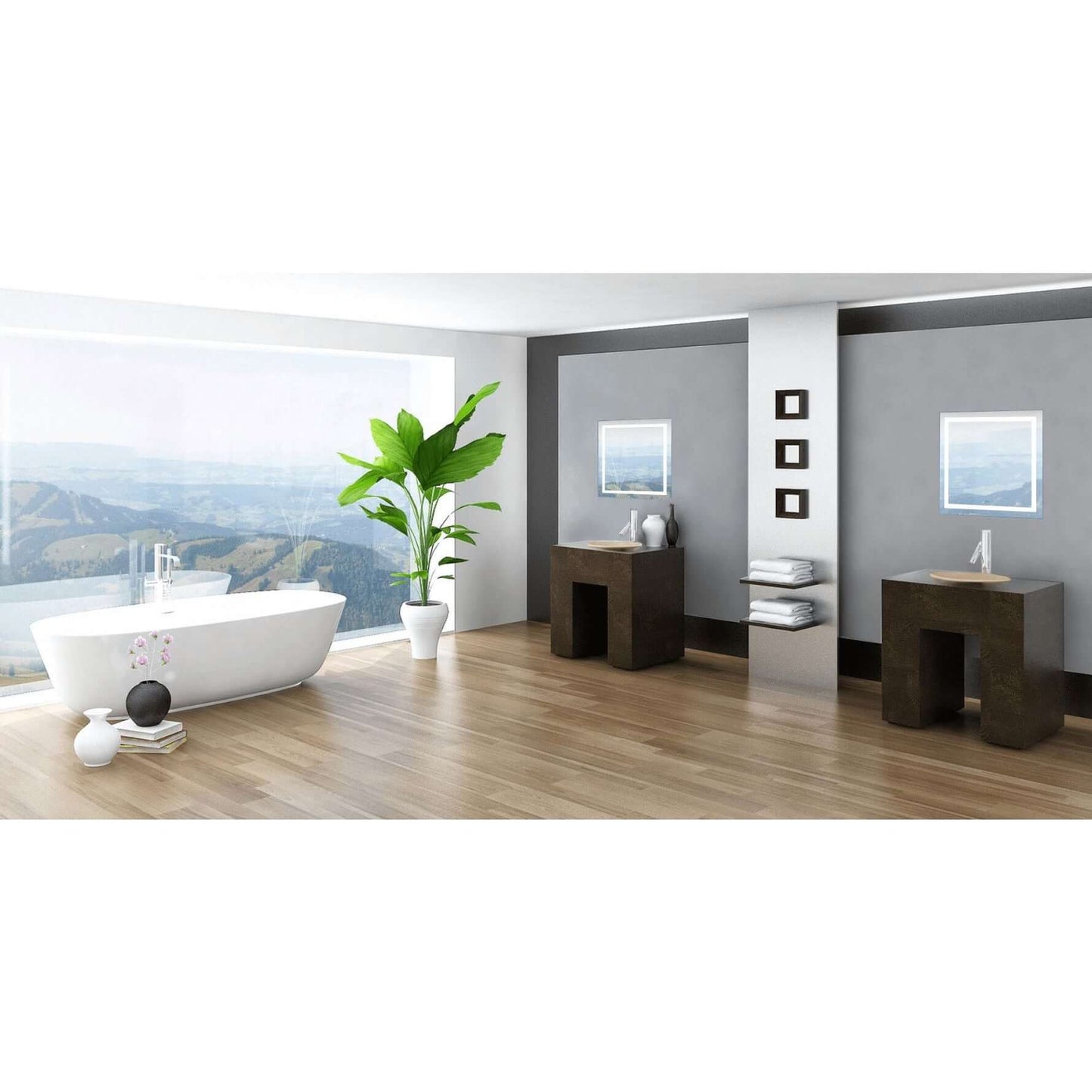 Modern bathroom with large bathtub, scenic window view, wooden floor, double vanities, and elegant decor.