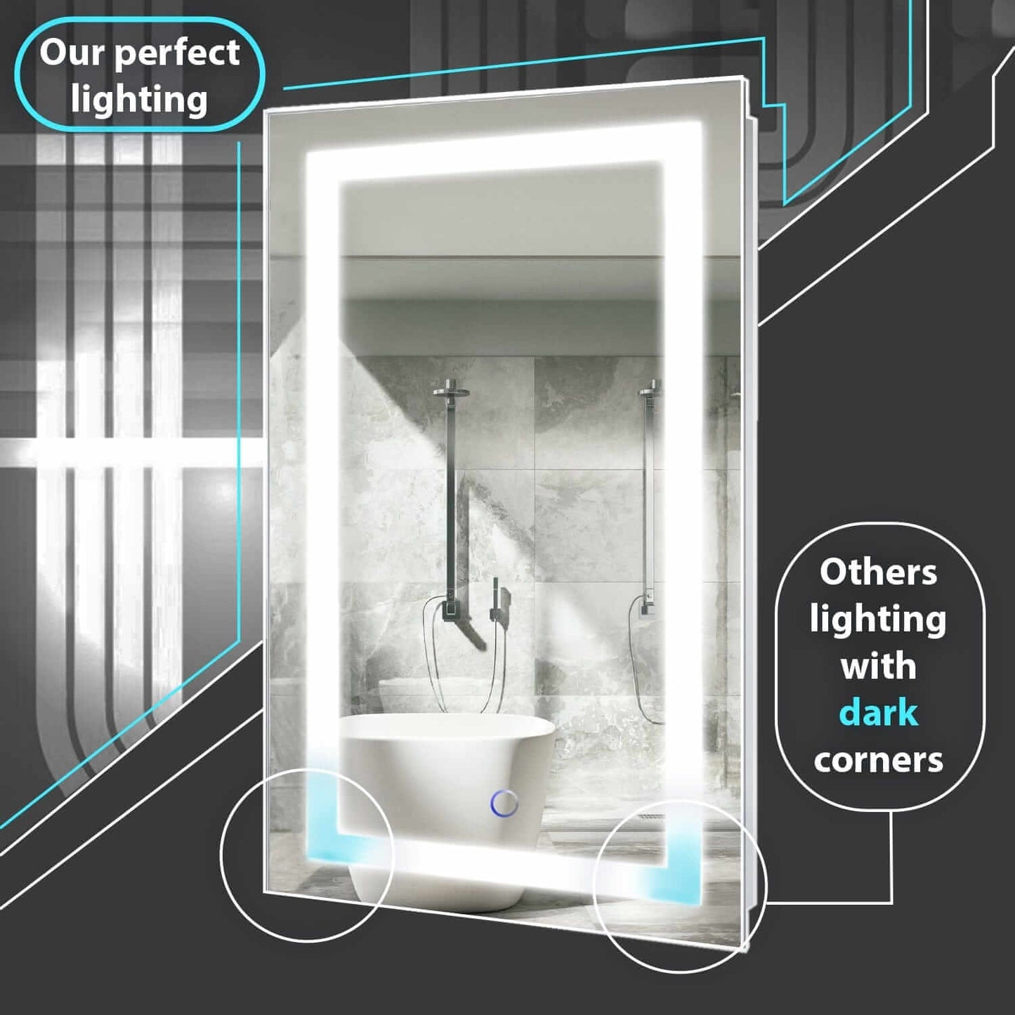 Krugg Icon 24 x 24 LED Bathroom Mirror with Dimmer & Defogger showcasing perfect task lighting compared to other mirrors with dark corners