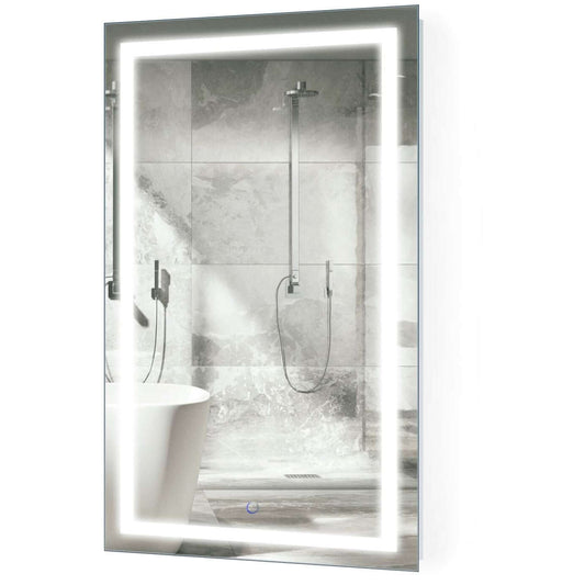 Vertical Krugg Icon 2442 LED mirror in modern bathroom, highlighting sleek design