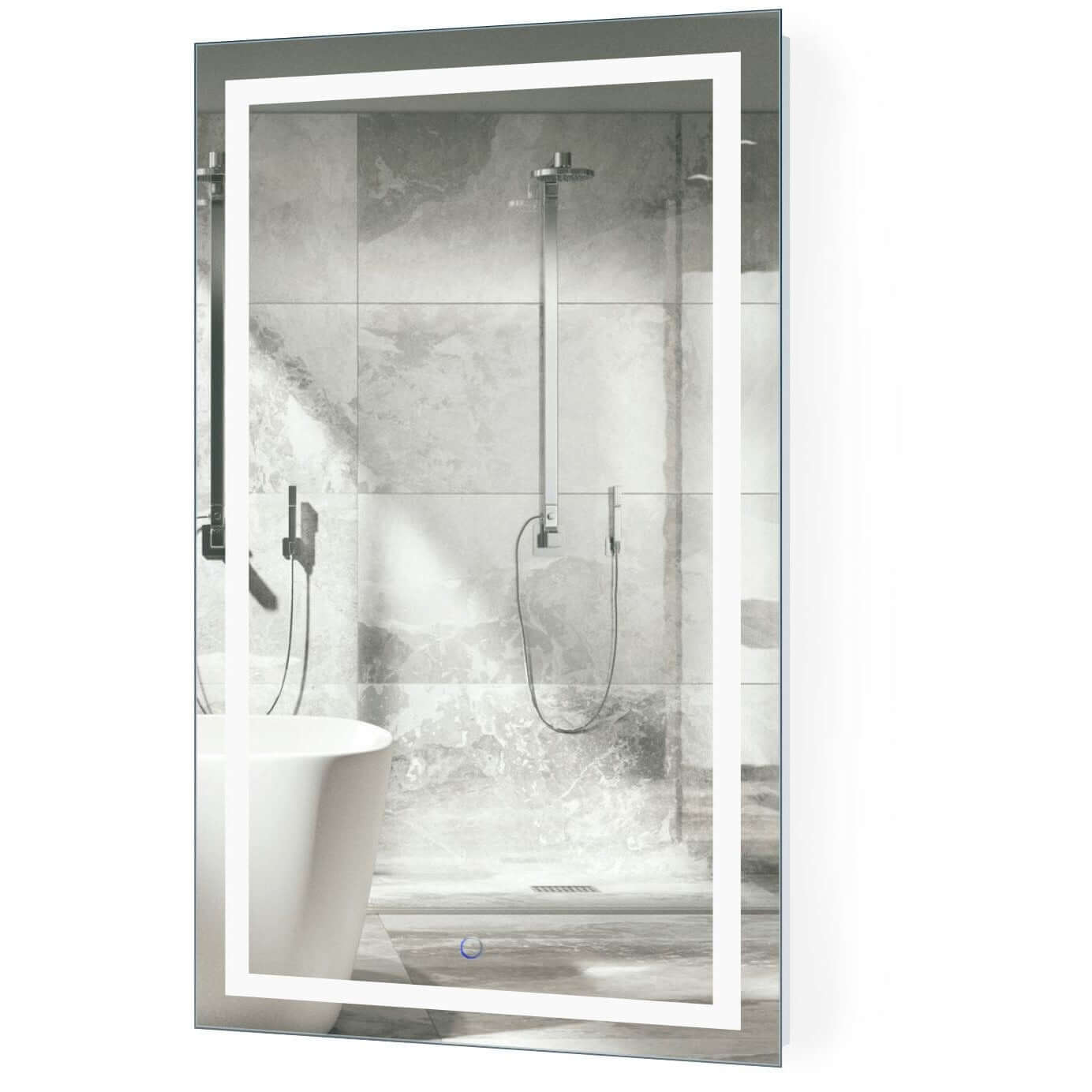 Krugg Icon 2442 LED mirror vertically mounted in sleek bathroom setting