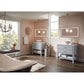 Elegant bathroom with Krugg LED Icon 22442 mirrors, gray vanities, and a chandelier