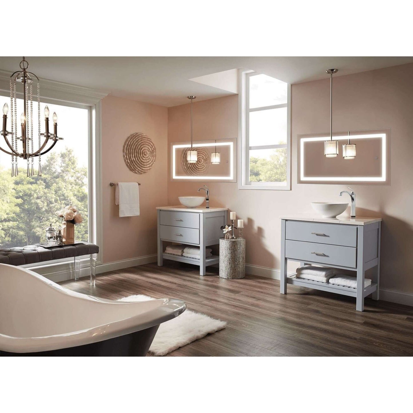 Elegant bathroom with Krugg LED icon 22442 mirrors, gray vanities, and a chandelier