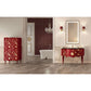 Luxurious bathroom with Krugg Icon 2442 LED mirror, ornate red vanity, and chandelier