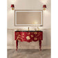 Krugg Icon 2442 LED bathroom mirror above a red and gold vanity with wall sconces