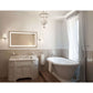 Horizontal Krugg LED mirror in contemporary bathroom, featuring defogger and bright lighting