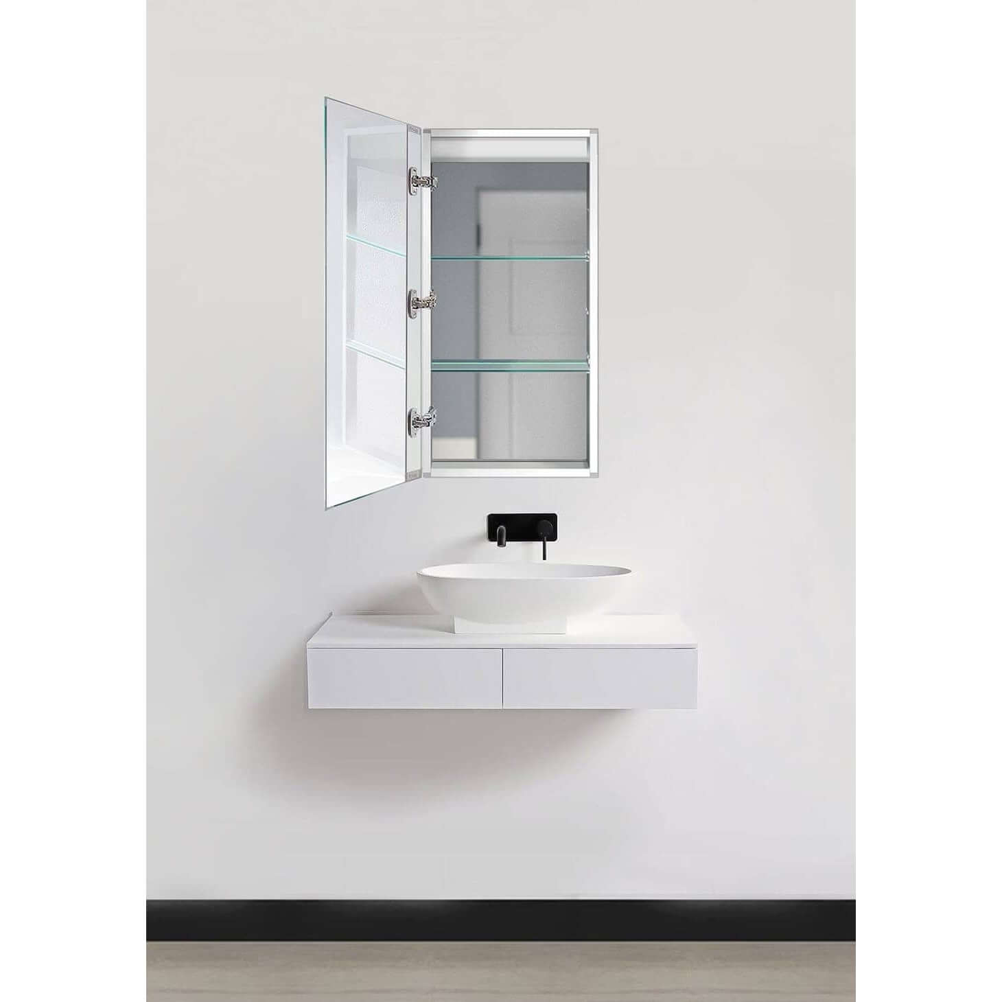 White sink with Kinetic medicine cabinet with LED lighting and glass door