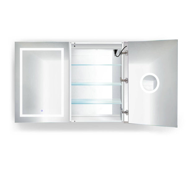 Krugg Svange 4836D 48 X 36 Double LED Medicine Cabinet with open doors and shelves showcasing interior lighting.