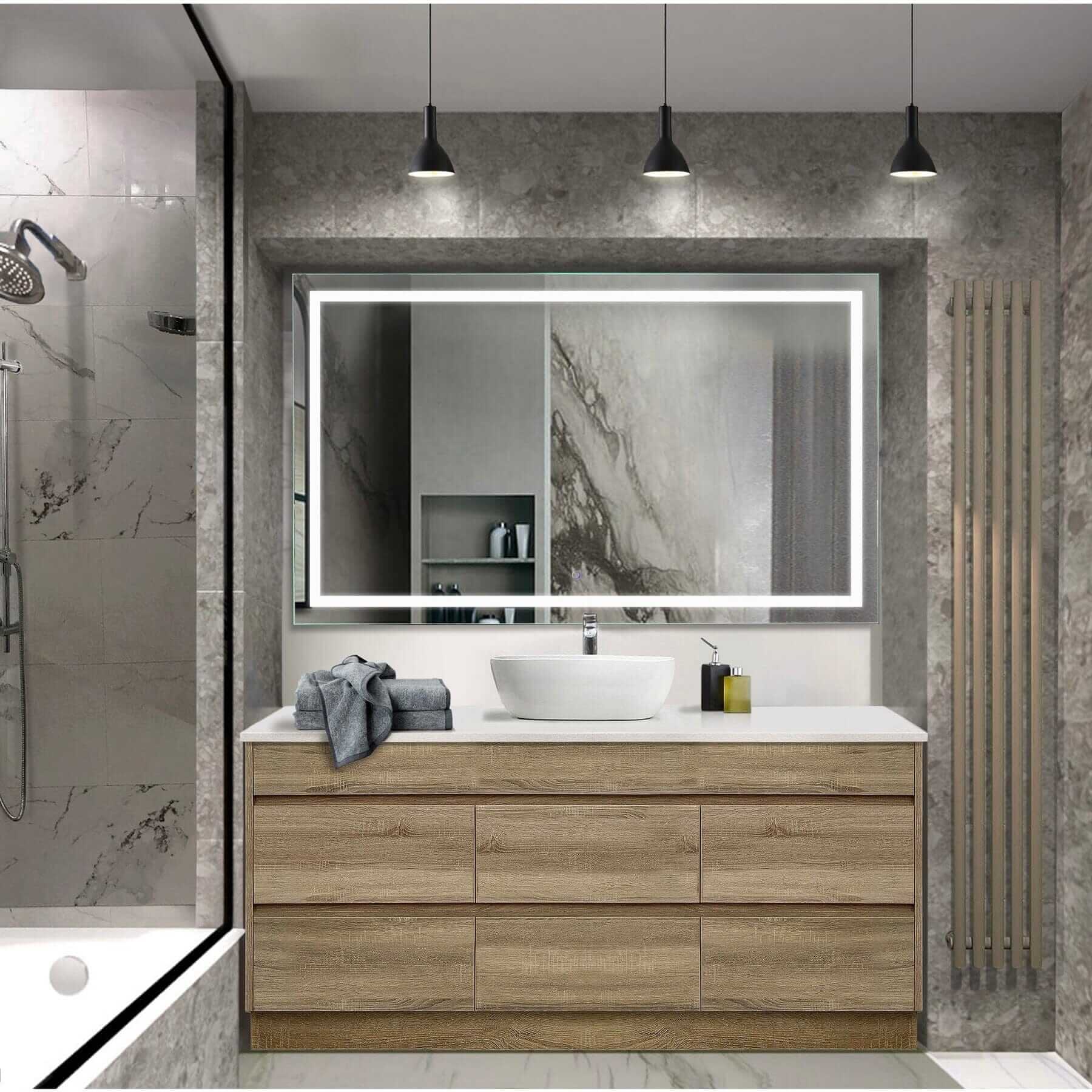 Krugg Icon 60x36 LED Bathroom Mirror in a modern bathroom 