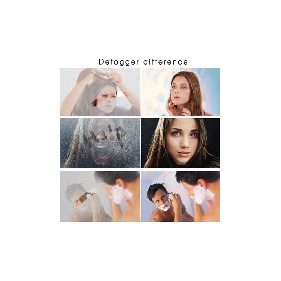 Defogger difference: showcase of clear versus foggy mirrors in different scenarios, highlighting visibility and grooming benefits.