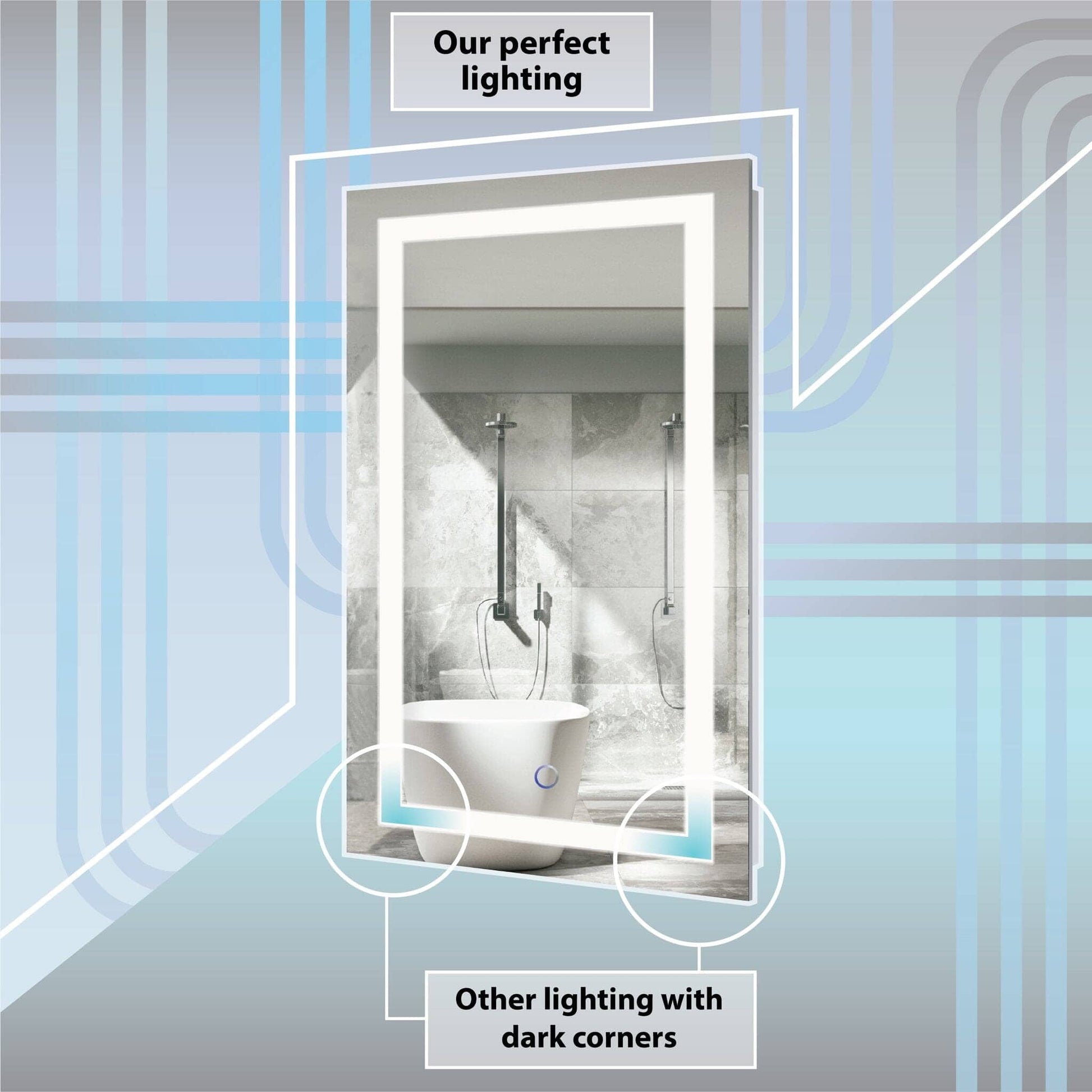 Krugg Svange 6036DLLR 60″ X 36″ LED Medicine Cabinet showing perfect lighting versus other lighting options with dark corners.