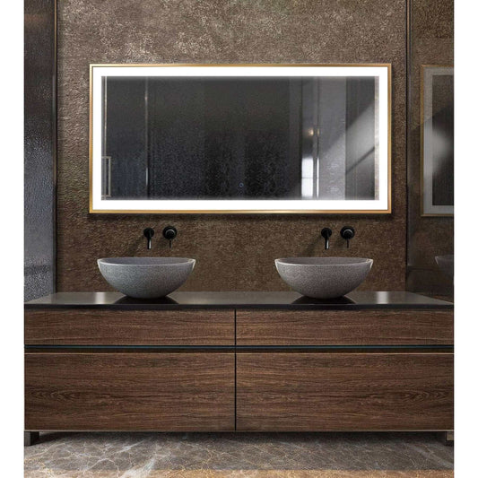 Krugg Soho 60 x 30 Matte Gold LED Bathroom Mirror above dual sink vanity in modern bathroom setting