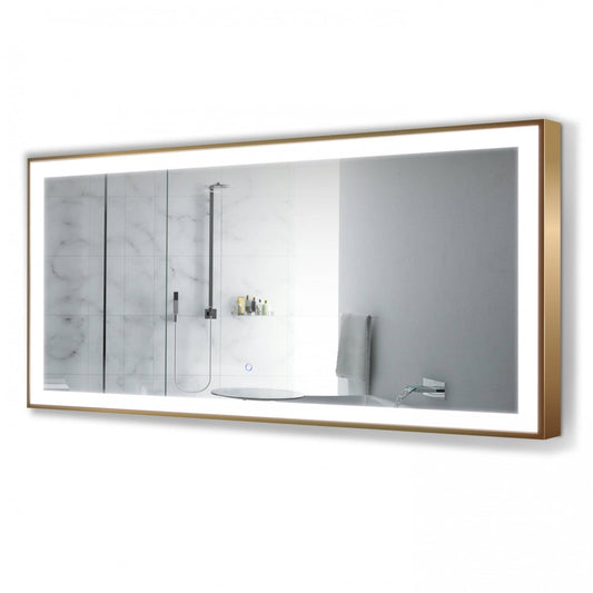 Krugg Soho 60 x 30 Matte Gold LED Bathroom Mirror with perfect task lighting, KruggReflect backing, defogger, and smart touch dimmer.