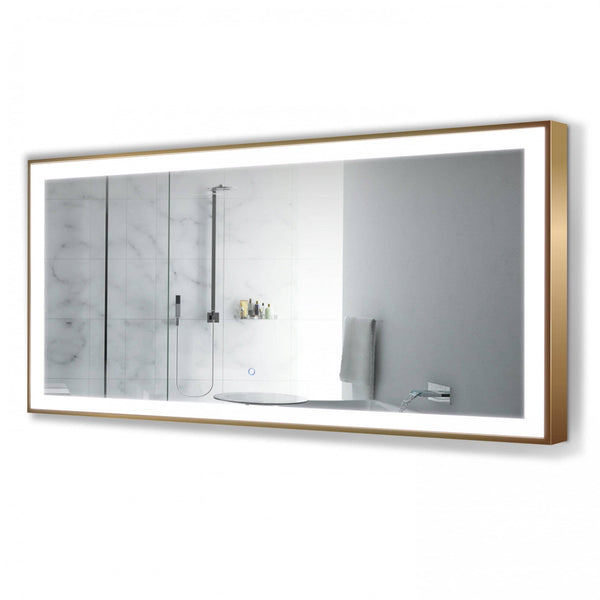 Krugg Soho 60 x 30 Matte Gold LED Bathroom Mirror with perfect task lighting, KruggReflect backing, defogger, and smart touch dimmer.