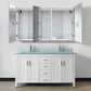 Krugg Svange 6036DLLR 60″ X 36″ LED Medicine Cabinet open with shelves, paired with a stylish white bathroom vanity.
