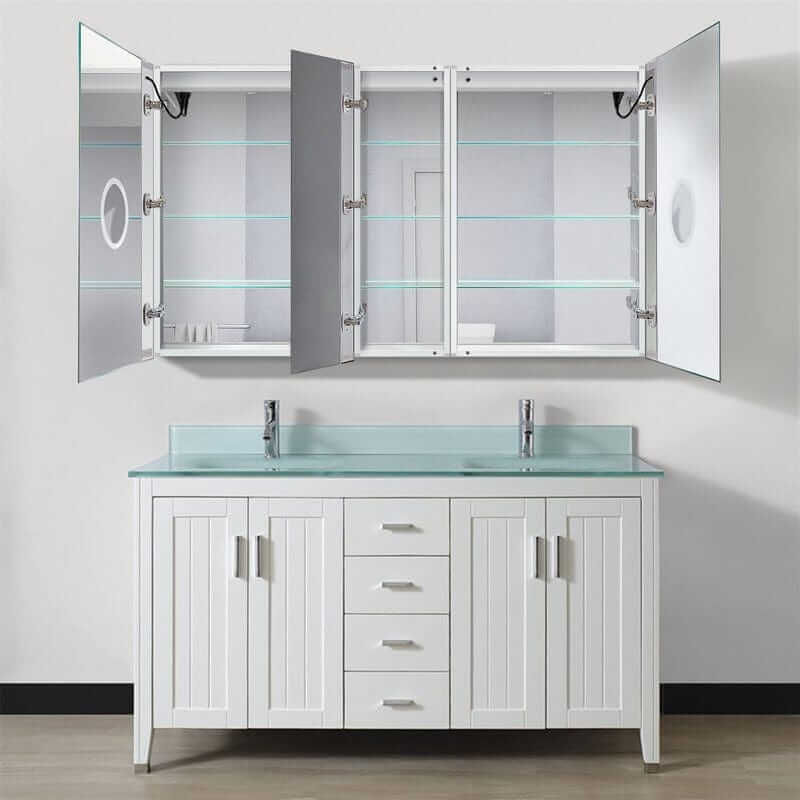 Krugg Svange 6036DLLR 60″ X 36″ LED Medicine Cabinet open with shelves, paired with a stylish white bathroom vanity.