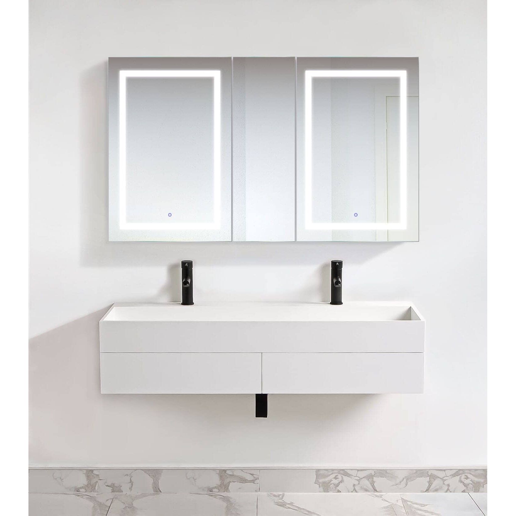 Krugg Svange 6036DLLR 60″ X 36″ LED Medicine Cabinet with sleek modern design and illuminated mirrors in a stylish bathroom setting.