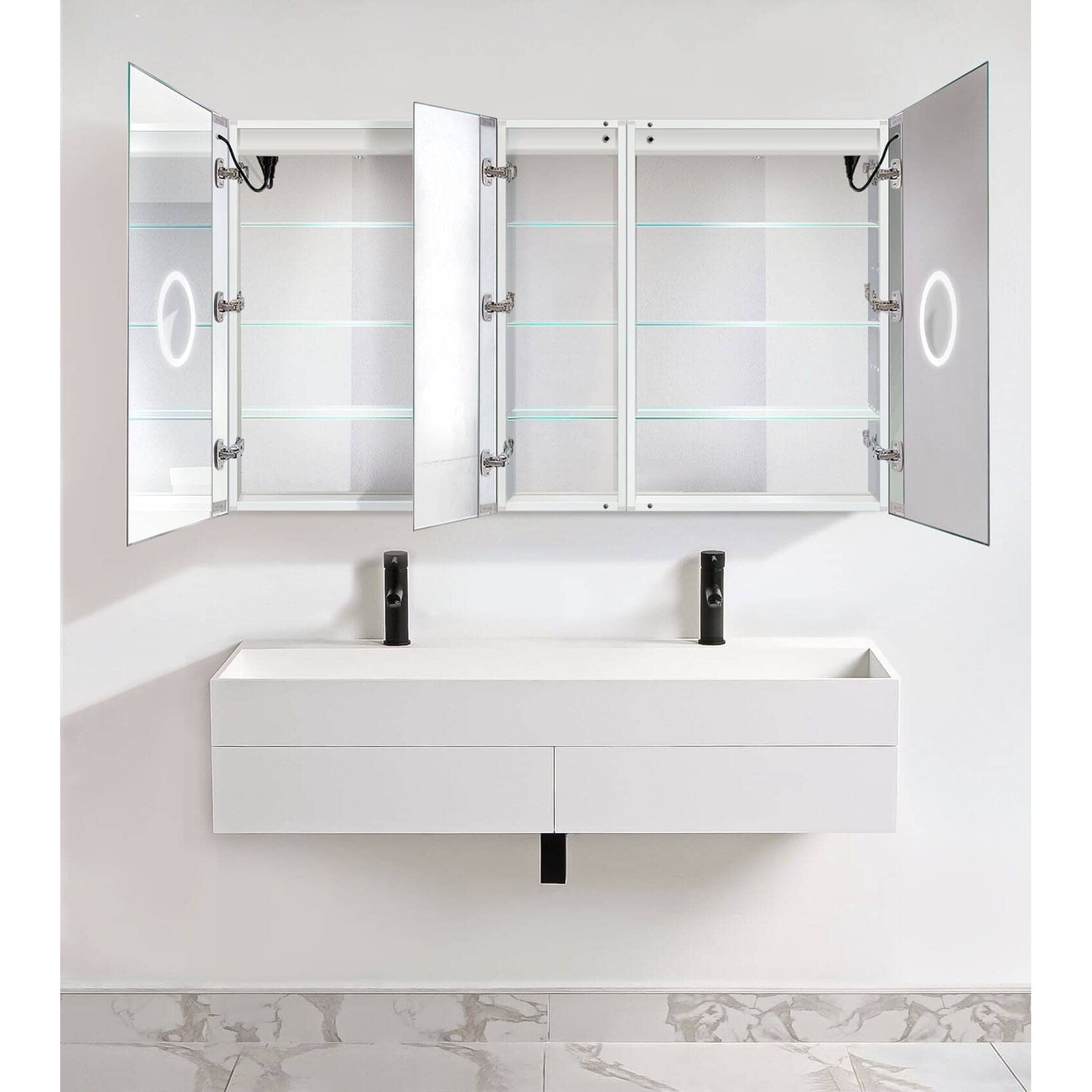 Krugg Svange 6036DLLR 60″ X 36″ LED Medicine Cabinet with open mirrored doors and modern white vanity.